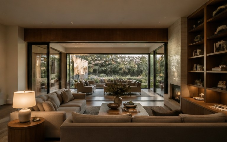 Interior at evening with lamps on