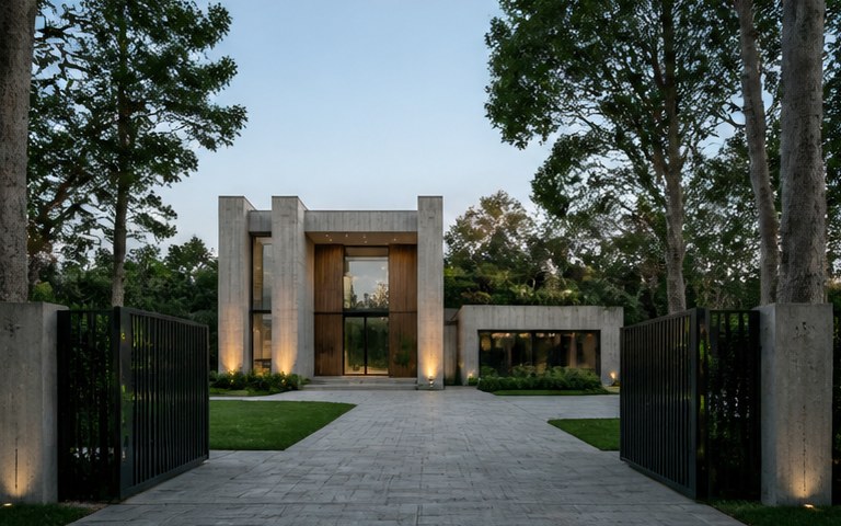 A house glimpsed from a private approach