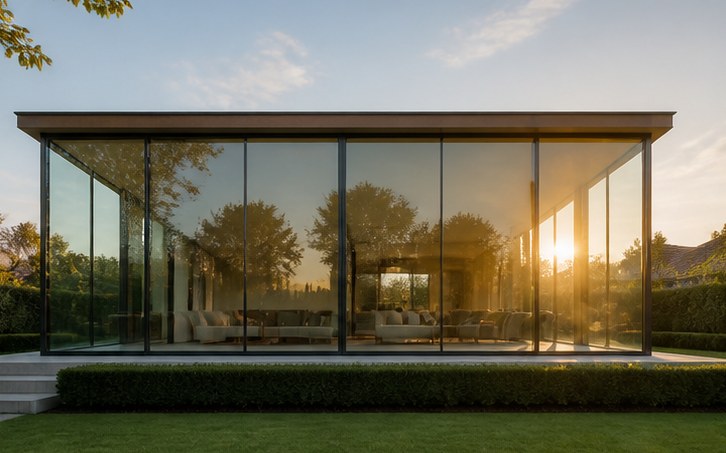 Evening light across a glazed elevation