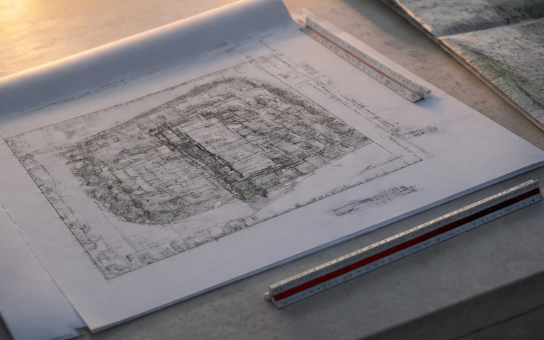 A measured drawing and a calculator on a desk