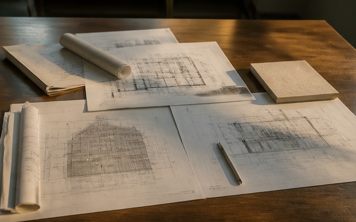 Drawings laid out on a table under low light
