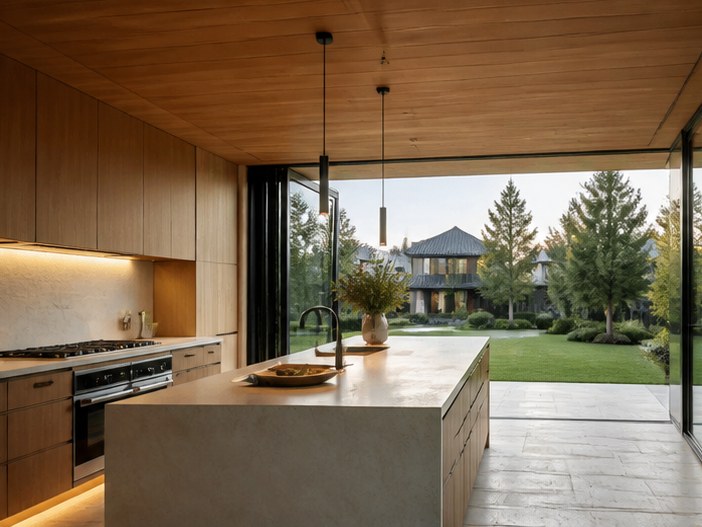 Kitchen along the glazed flank