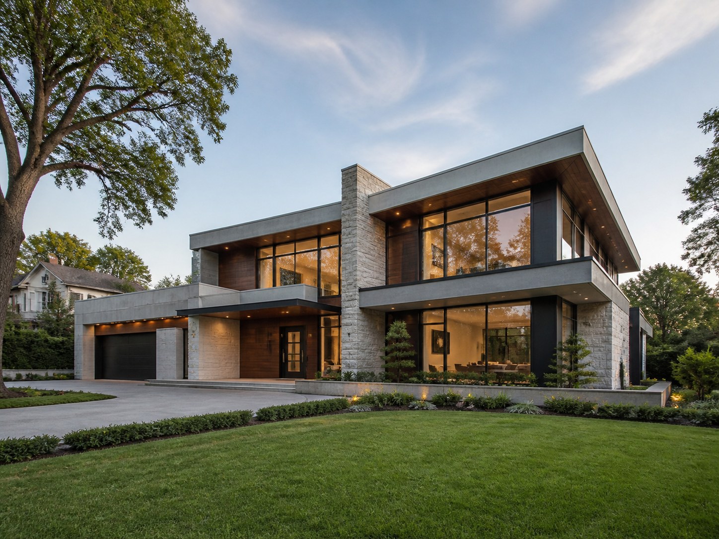Slate Point Residence cantilevered over the bluff at blue hour