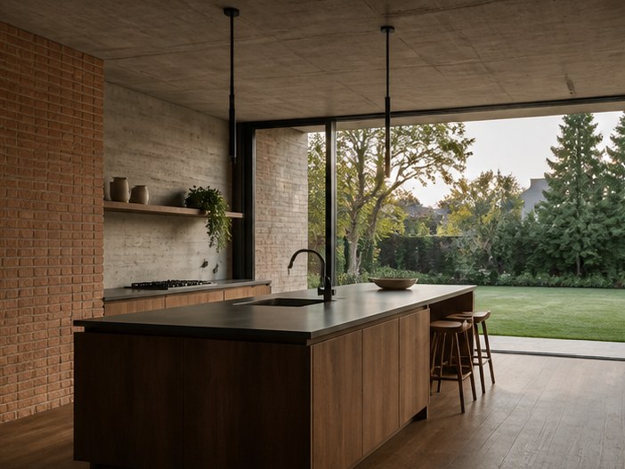 Kitchen against the masonry spine
