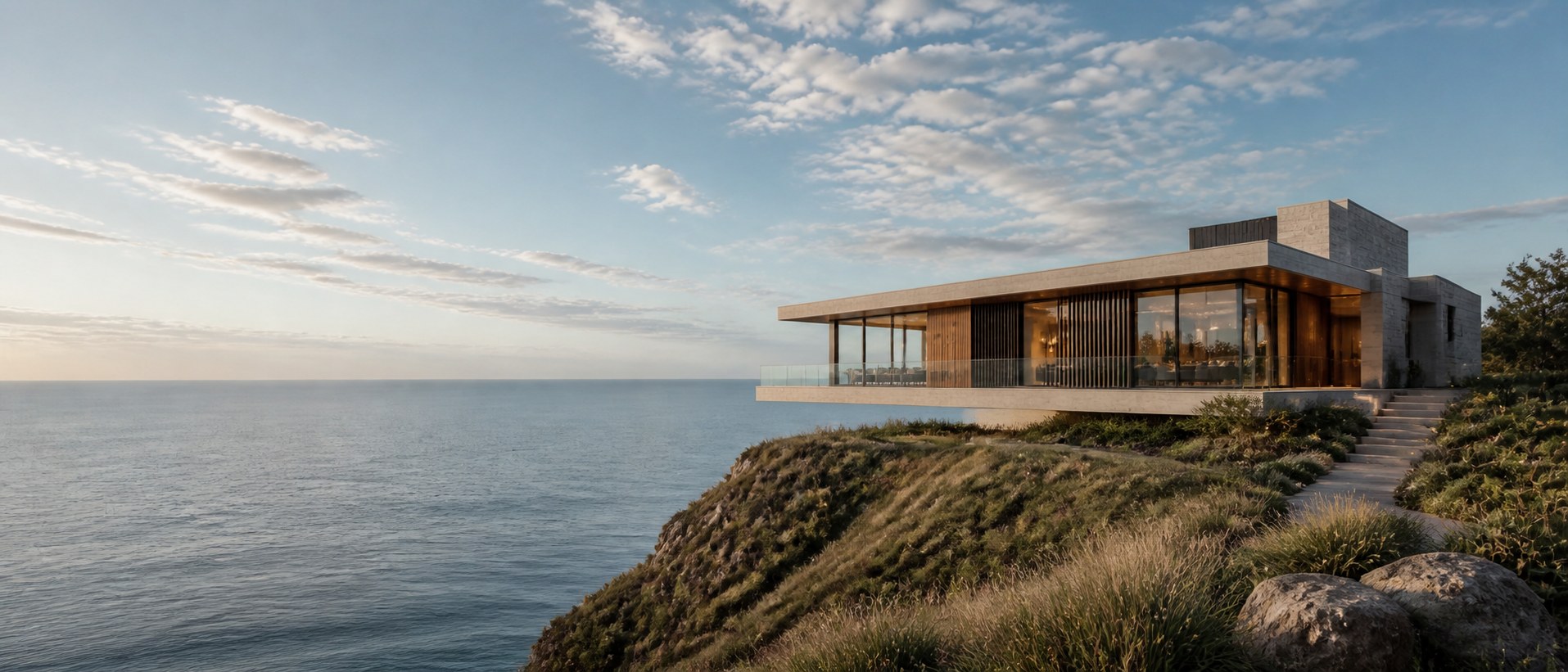 Slate Point Residence cantilevered over the bluff at blue hour